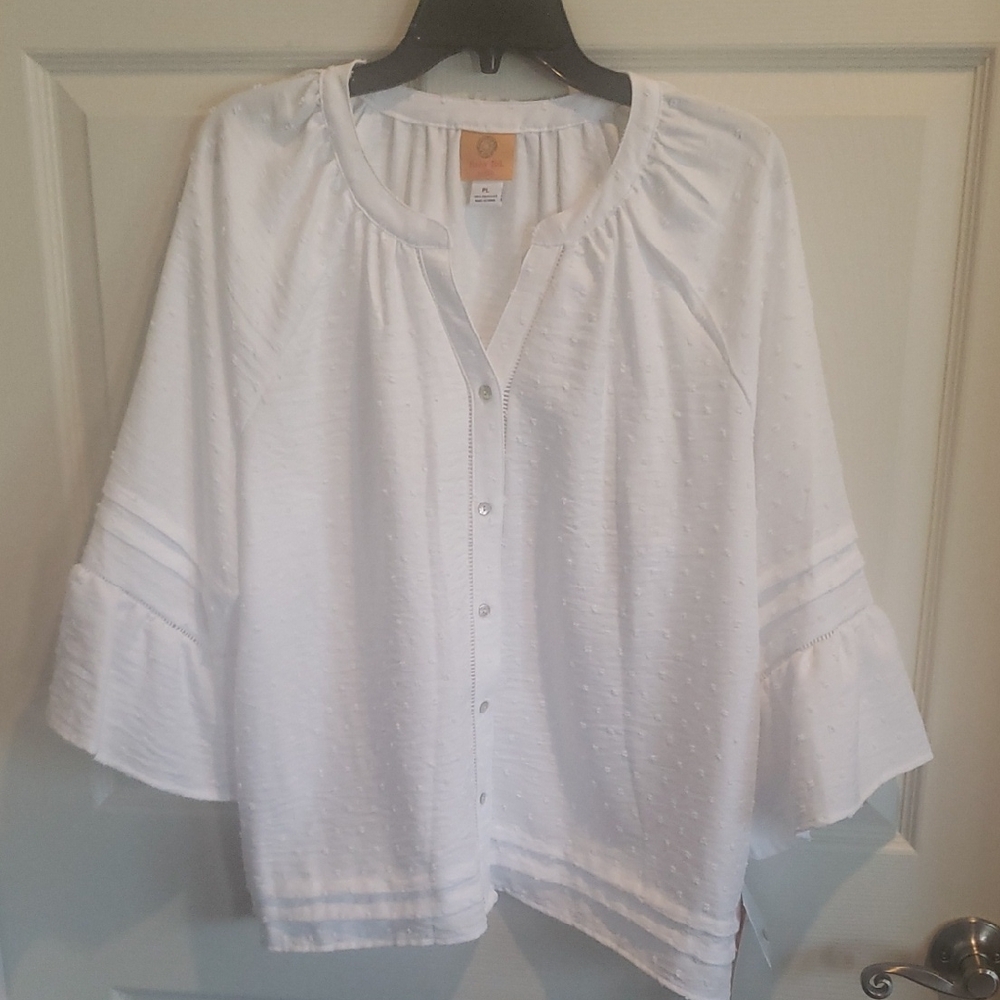 NWT Ruby Rd. White Button-Front Blouse with Ruffled Bell Sleeves.